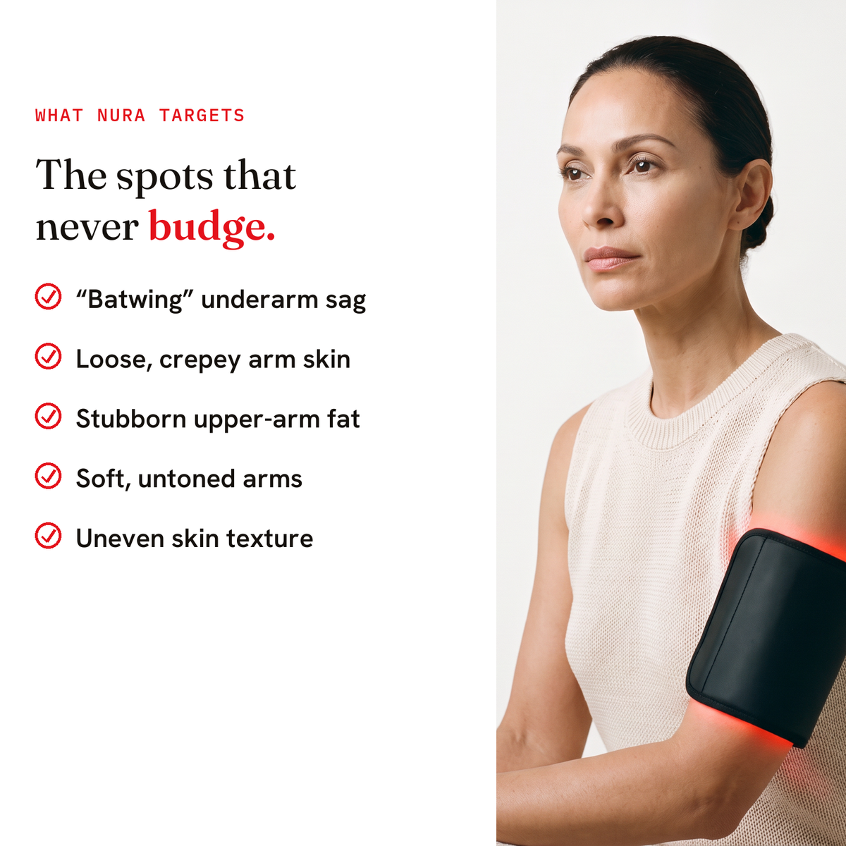 What the RubyBeam arm band targets — batwing sag, crepey skin, upper-arm fat