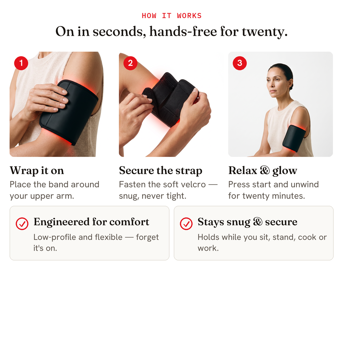 How it works — wrap around the upper arm, secure, relax 20 minutes