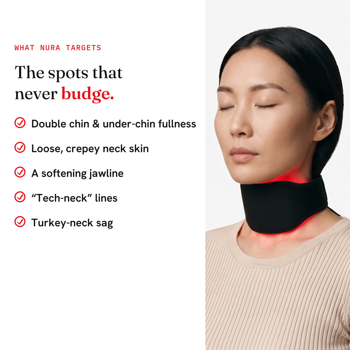 What the RubyBeam neck band targets — double chin, crepey neck, jawline