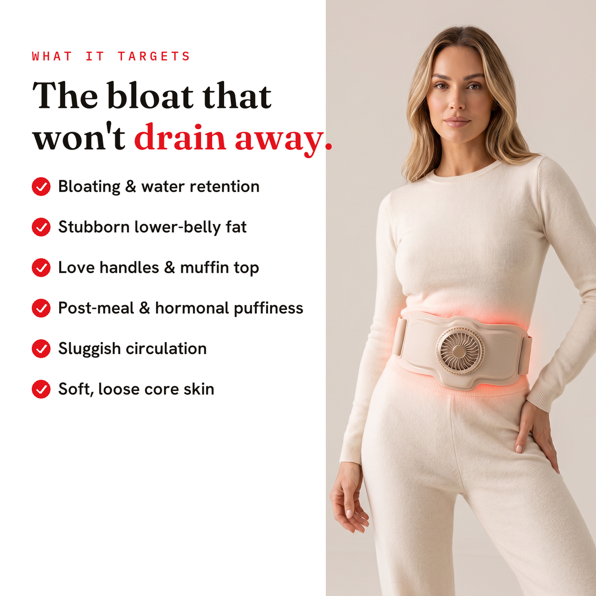 What it targets — bloating, belly fat, love handles, puffiness, loose skin
