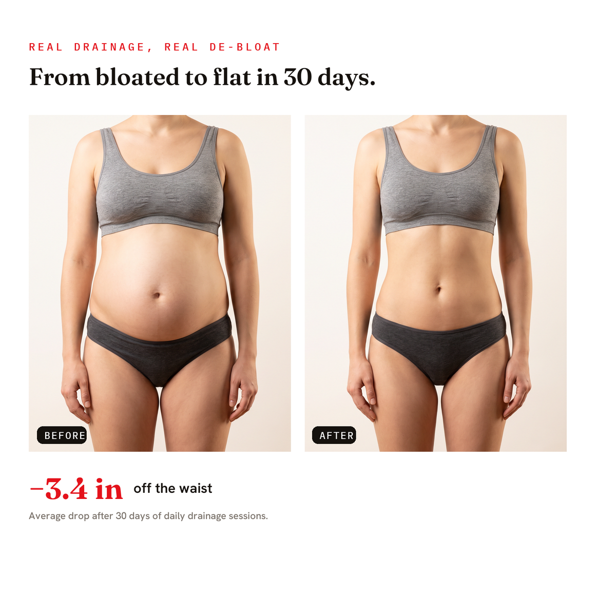 Before and after — from bloated to flat in 30 days, minus 3.4 inches off the waist