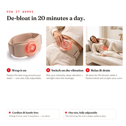 How it works — wrap it on, switch on the vibration, relax and drain in 20 minutes