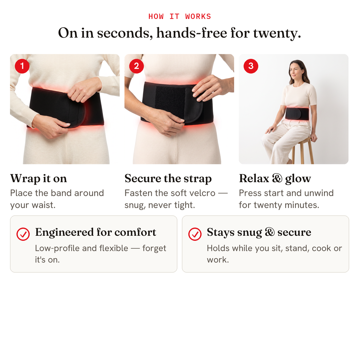 How it works — wrap it on, secure, relax 20 minutes hands-free
