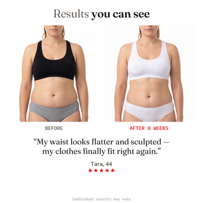 Results you can see — before and after, flatter waist in 8 weeks
