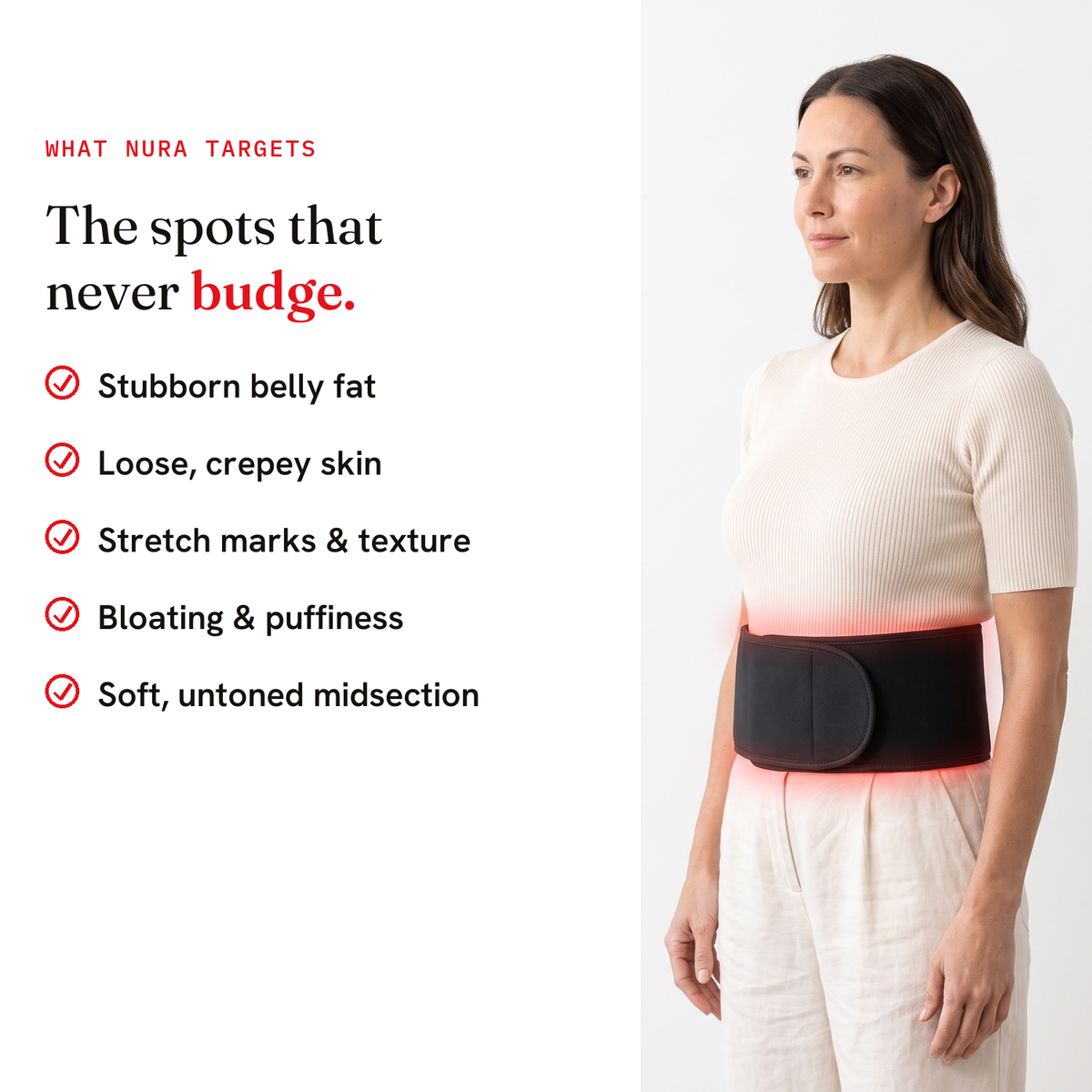 What RubyBeam targets — belly fat, loose skin, stretch marks, bloating, texture